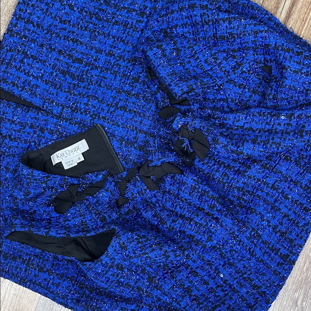 Kay Unger Stunning Blue Tweed Sleeveless Dress with Ribbon Detail Ladies Size 8 - Picture 6 of 9